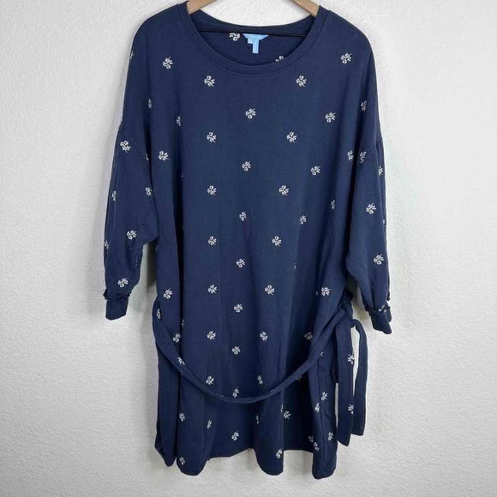 Draper James Dress Womens 3X Blue Floral Long Sleeve Tie Waist Cottagecore Boho‎